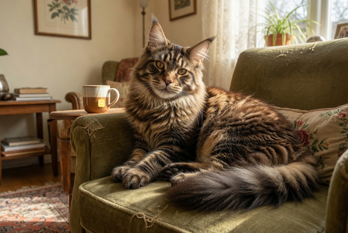 Maine Coon lounging on furniture built for size