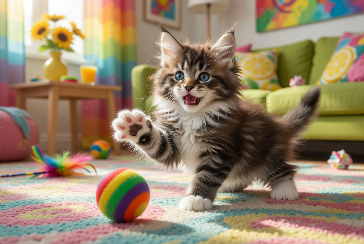 Playful Maine Coon kitten with a toy ball